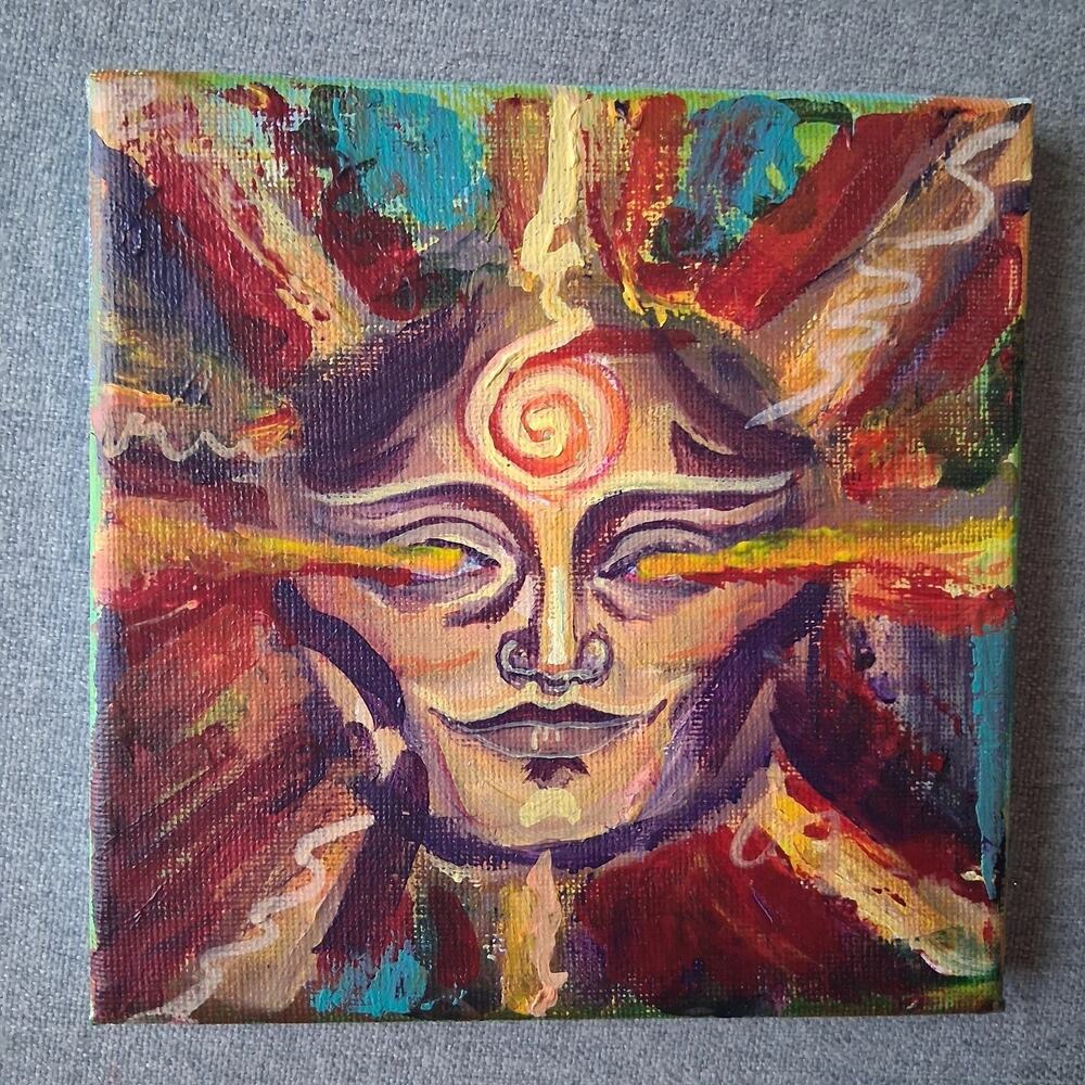 Original Acrylic Painting, Sun Face Portrait Glowing Rays